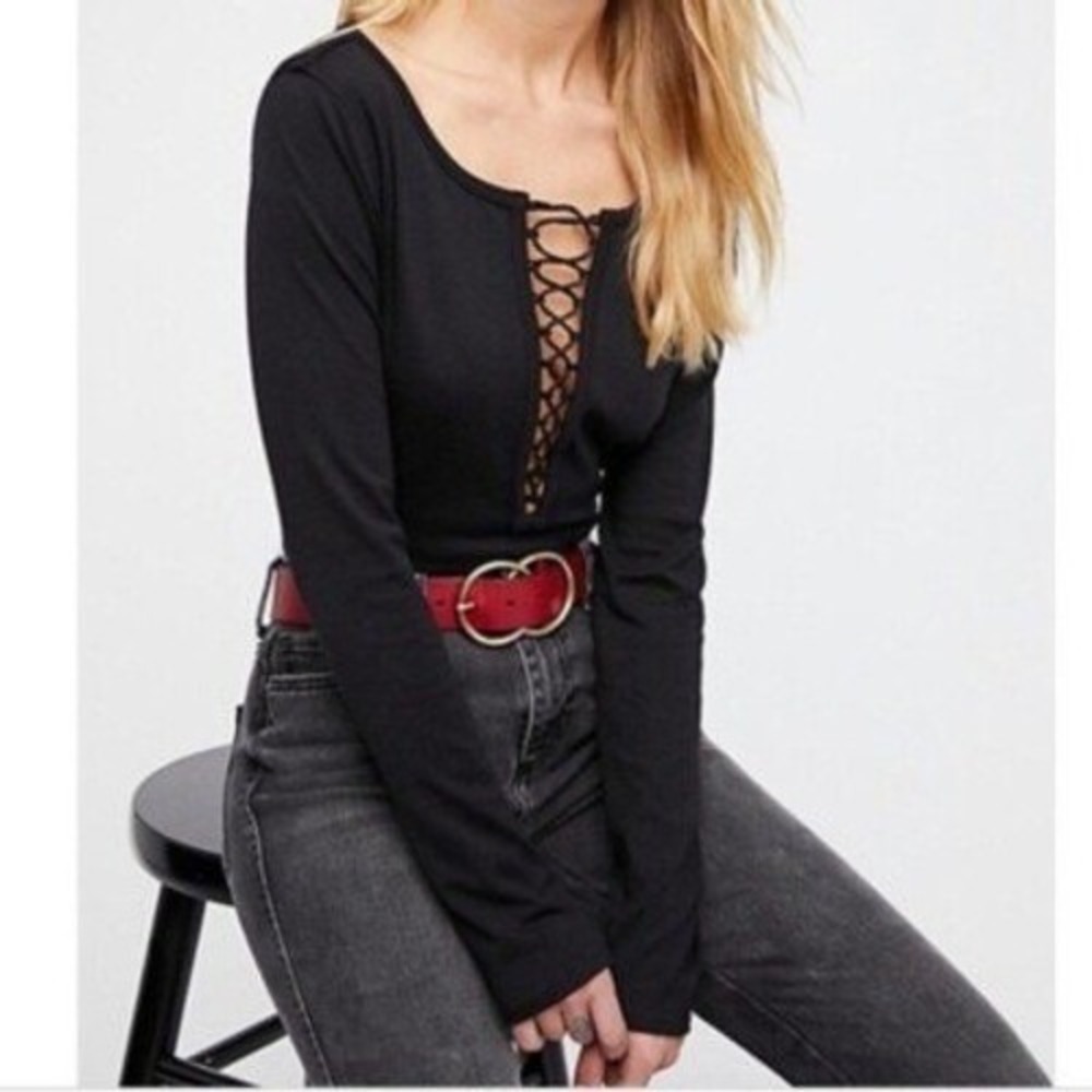 We The Free Free People Jacqui Lace-Up Front Long‎ Sleeve Top XS Black Grunge